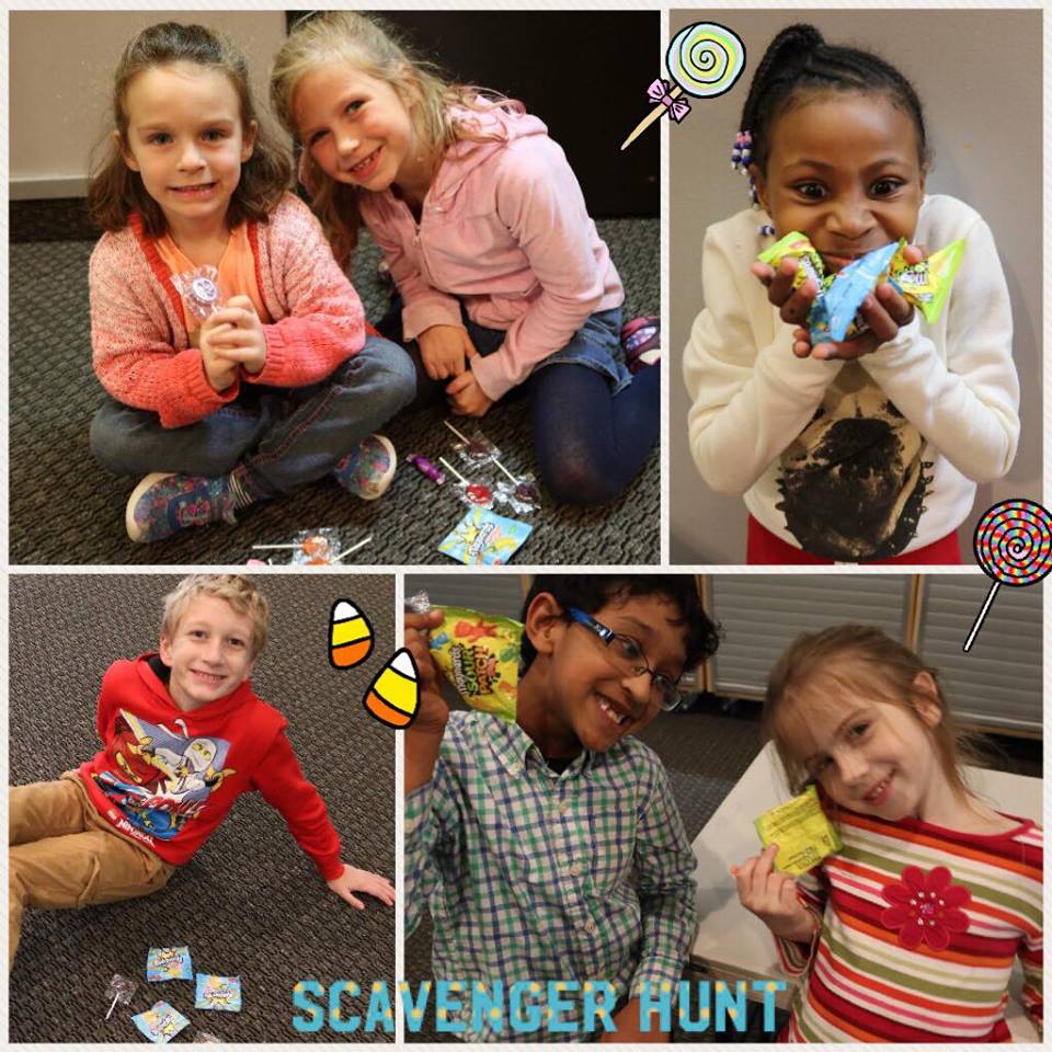 A collage of kids participating in a candy scavenger hunt