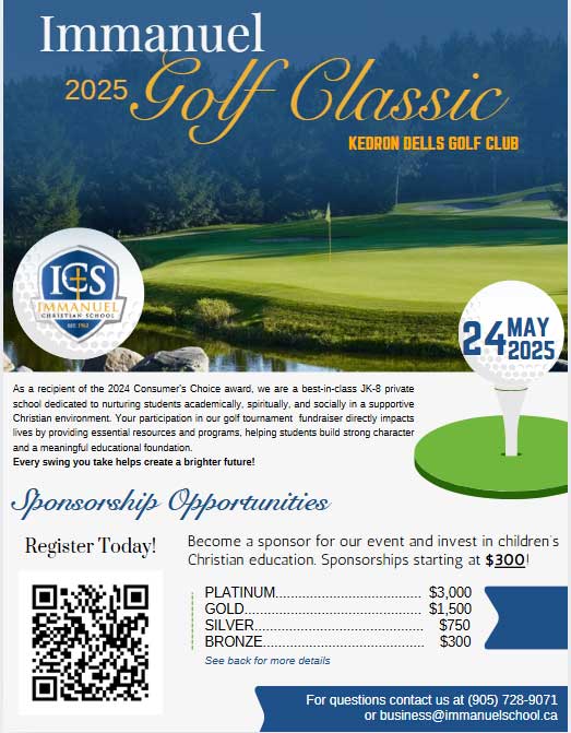 A poster for Immanuel 2025 Golf Classic that includes sponsorship prices and a QR code